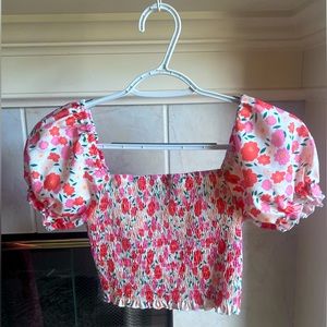 Pink Floral Puff Sleeve Crop Top